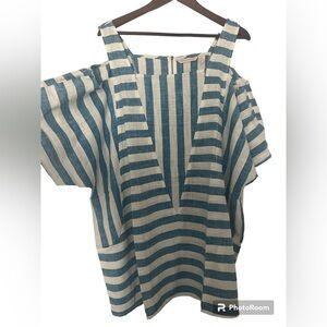 Soft Surroundings 2X Sunset Blue Striped Linen Rayon Cold Shoulder Blouse Top‎